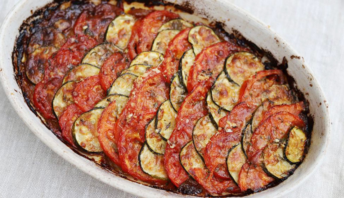 Layered Zucchini, Tomato, Parmesan, and Bell Pepper Tian