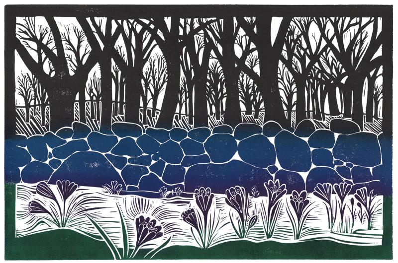 Althea Freeman-Miller, Stone Wall and Crocuses, 12 x 18 inches, linoleum block print.