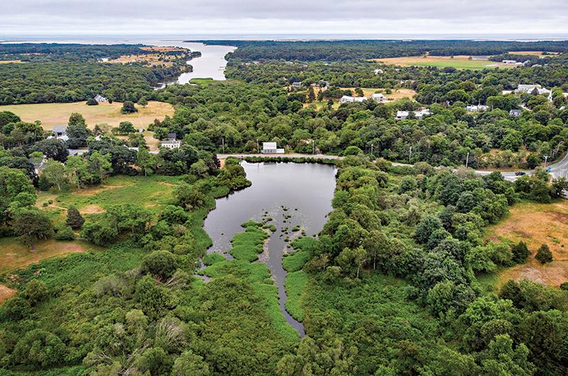 Mill Brook flows through Mill Pond in West Tisbury, over its dam, under the Edgartown–West Tisbury Road, and into Town Cove at Tisbury Great Pond.