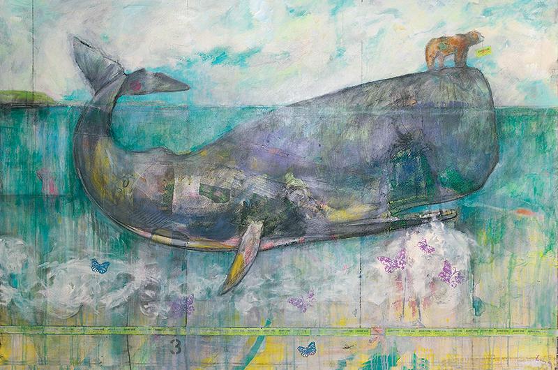 One Way Ticket, mixed media on canvas, 48 x 72 inches.
