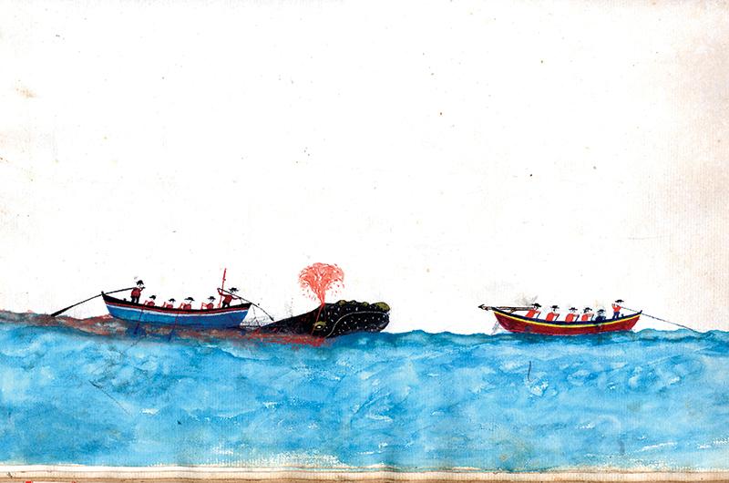 Second mate James C. Osborn of Edgartown painted this watercolor of a right whale hunt in a ship’s log in the 1840s.