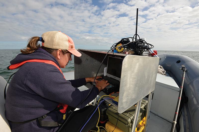 WHOI’s Amy Kukulya, developer of the TurtleCam, communicates with the camera via an acoustic modem.
