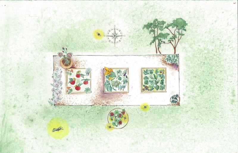 Susie Middleton's First Vineyard Kitchen Garden: Three 4-x-4-foot beds and a 2-foot path created an 8-x-20-foot fenced-in area with 48 square feet of beds and room for a few pots and some herbs and flowers in the ground along one fence.