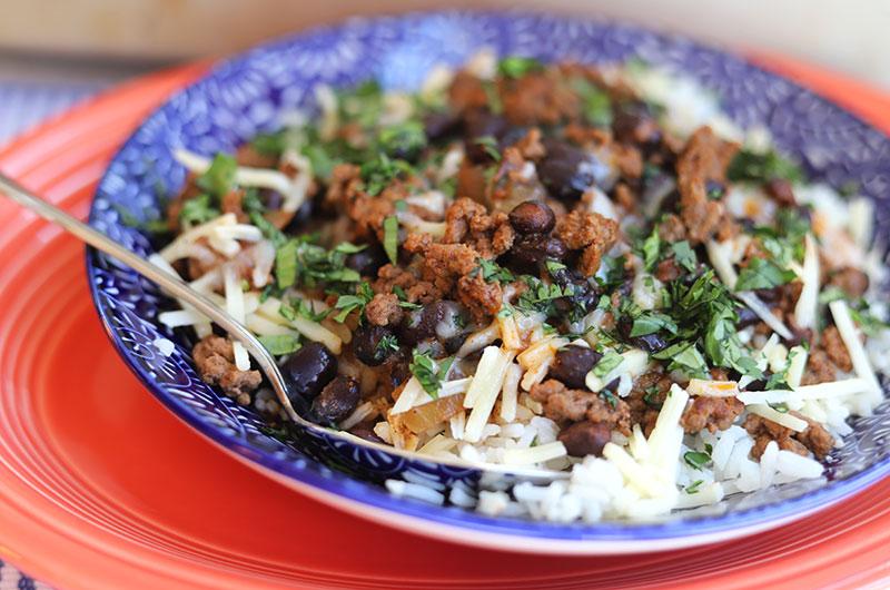 A ground beef version features black beans.
