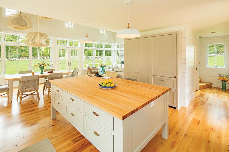 An open-bottomed island in the new updated kitchen.