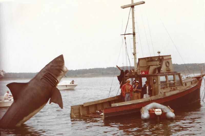 Preparing for the shot in which the shark leaps aboard the Orca in Katama Bay.