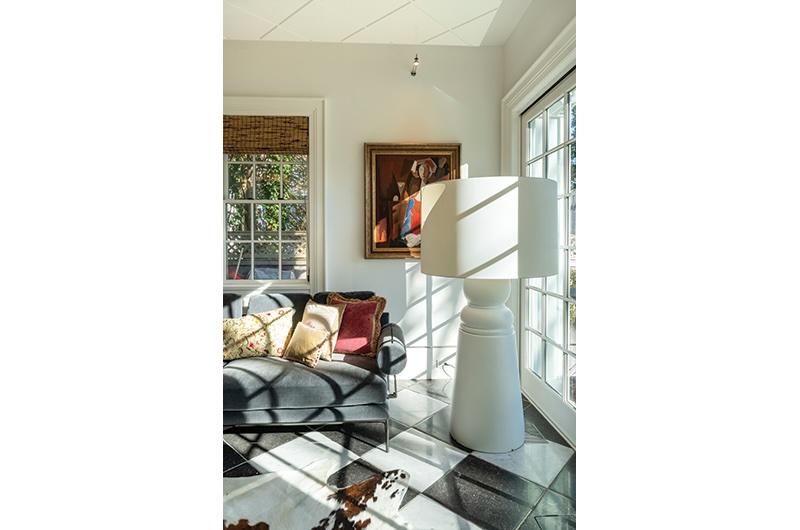 Eye-catching artwork and flooring add a contemporary touch.