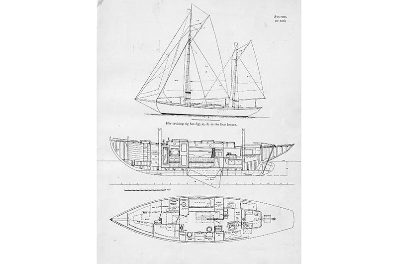 A rendering of Ayuthia appeared in Little Ships and Shoal Waters (Kennedy Bros Inc., 1937) by Maurice Griffiths, who designed the ketch in 1936.
