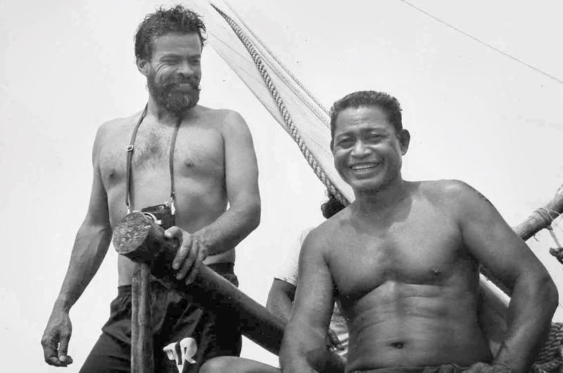 Sam Low and Mau Piailug aboard Piailug’s canoe while filming The Navigators in 1982.