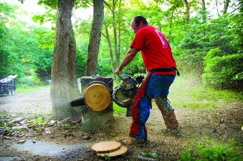 Maciel’s 300cc “bike saw,” built by Dennis Cahoon Hot Saws in Chico, California, set a new world record for three cuts of twelve-inch poplar.